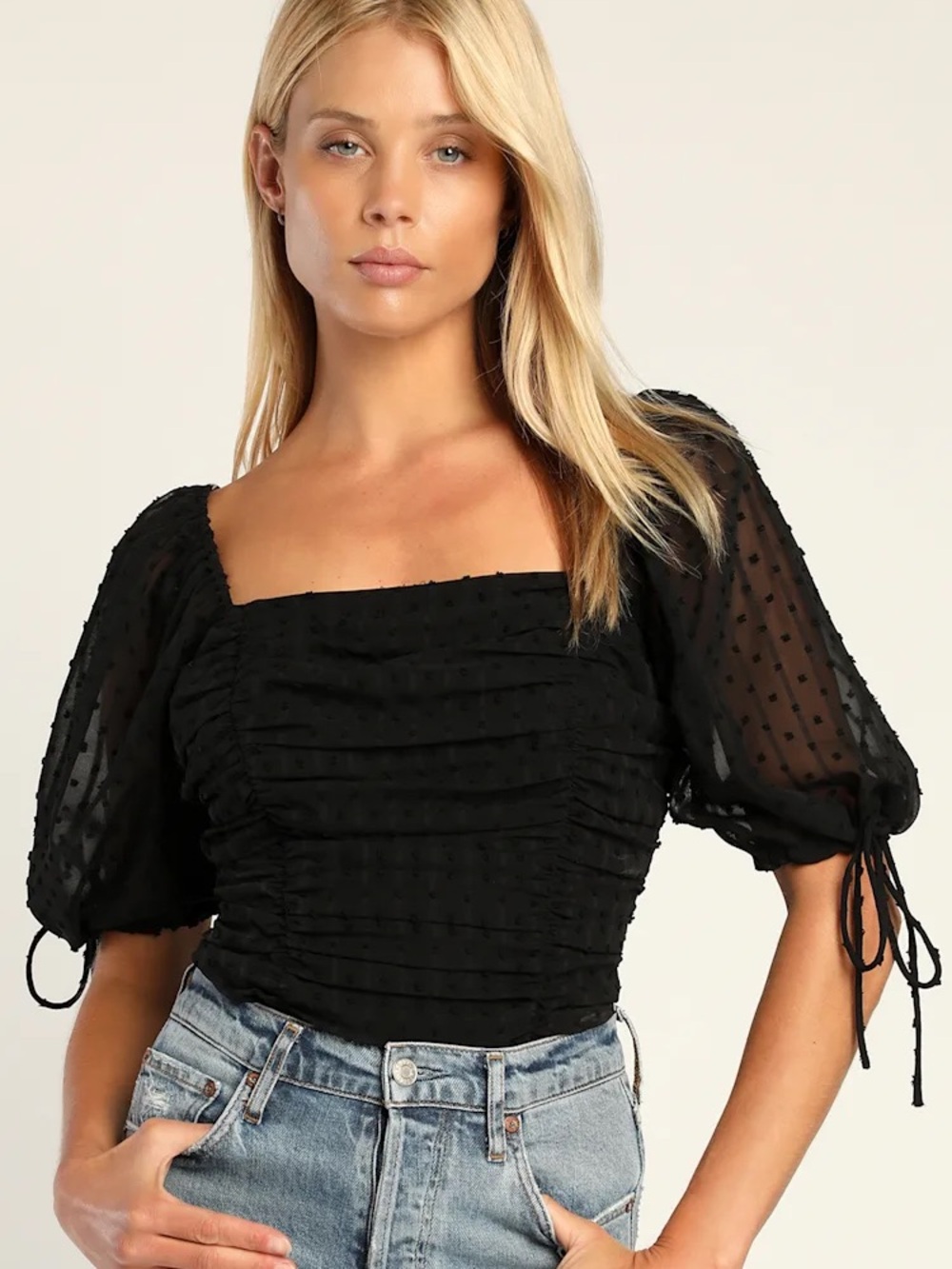 Lulu's Black Think of Me Swiss Dot Rushed Bodysuit Square-Neck Puff Sleeve Y2K L